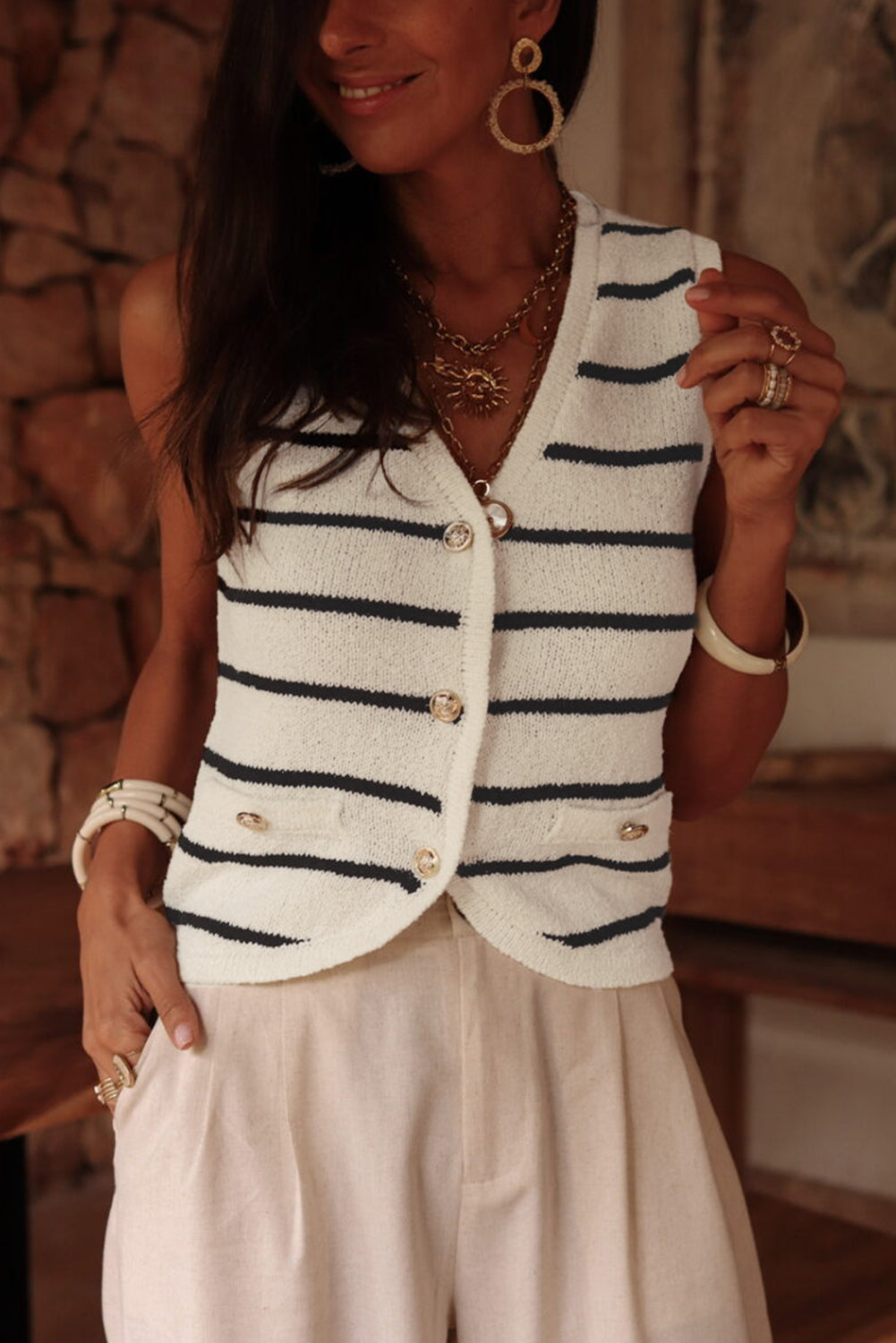 Black Stripe Buttoned V Neck Slim Fit Knit Vest