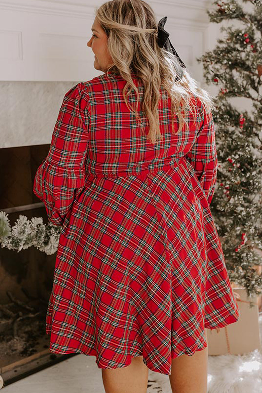 Red Plaid Half Button Long Sleeve Holiday Plus Size Dress