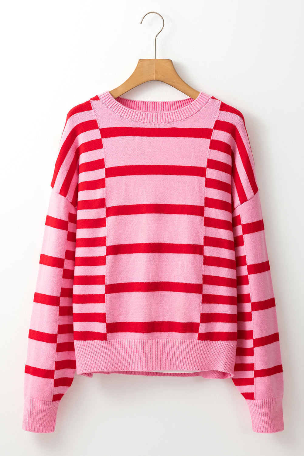 Pink Striped Crewneck Drop Sleeve Knit Sweater