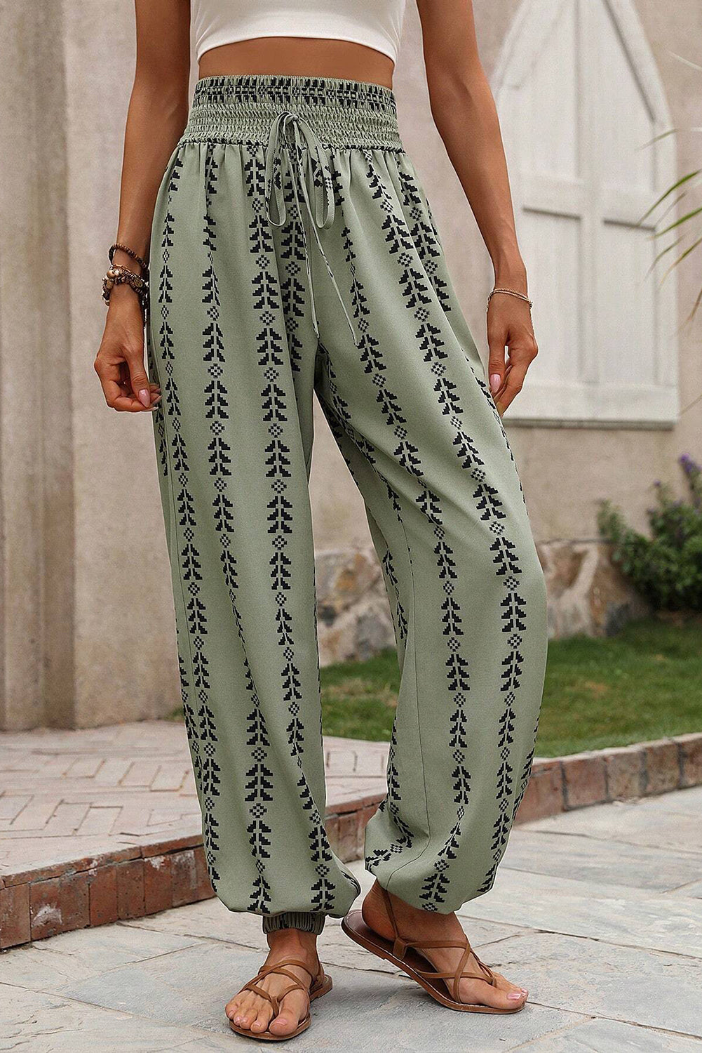 Green Geometric Print Drawstring High Waist Pants