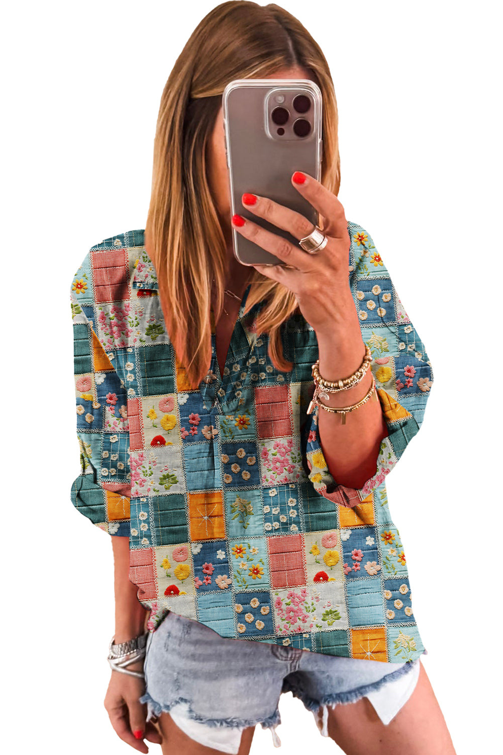 Sky Blue Floral Patchwork Collared V Neck Blouse