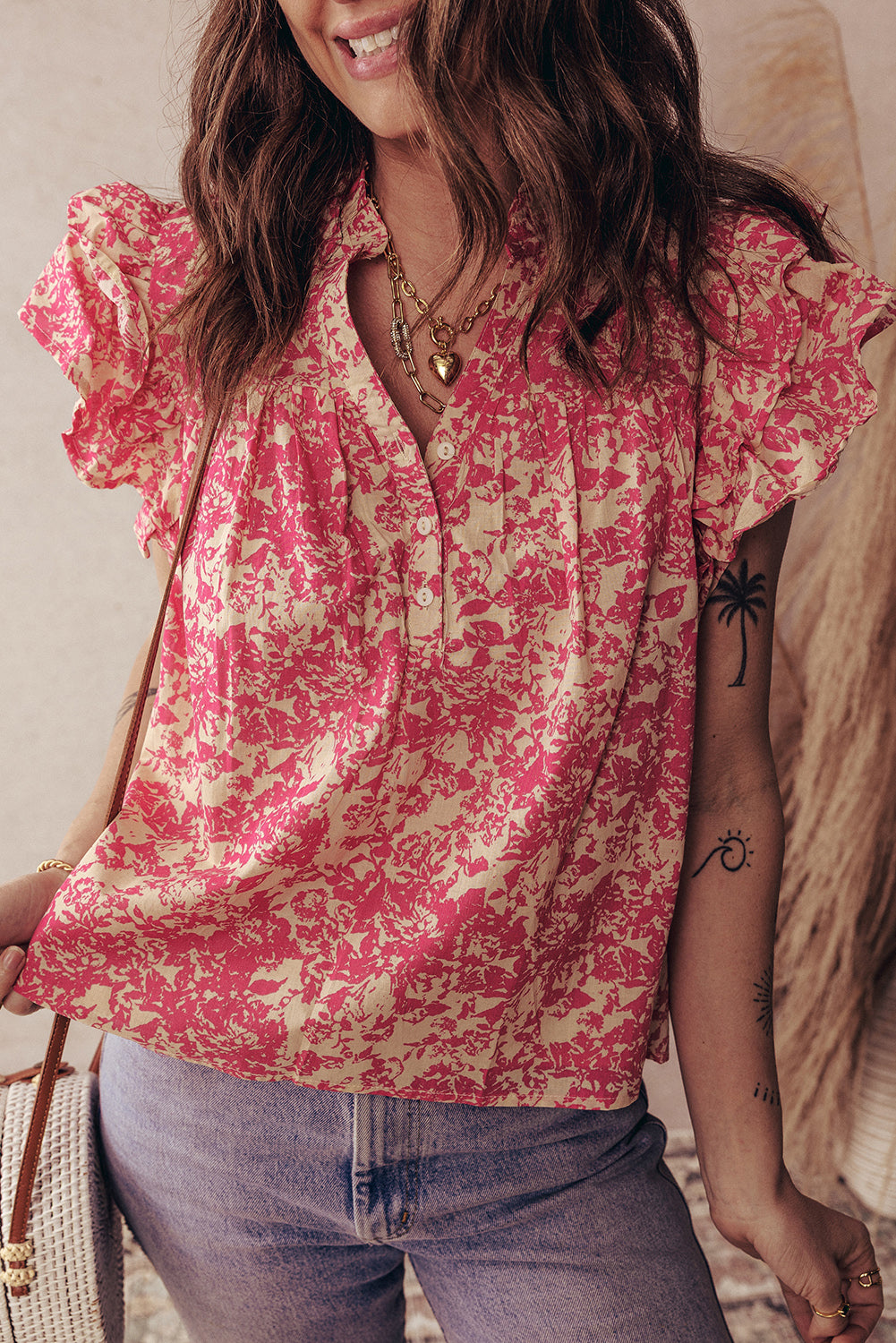 Rose Floral Print V Neck Ruffle Sleeve Blouse