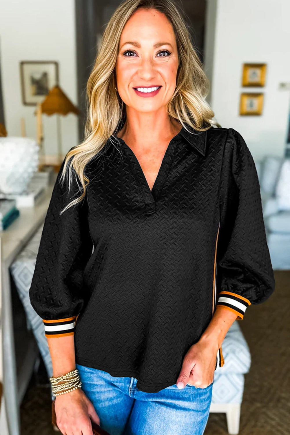 Black Textured V Neck Colorblock Cuffs Sweatshirt