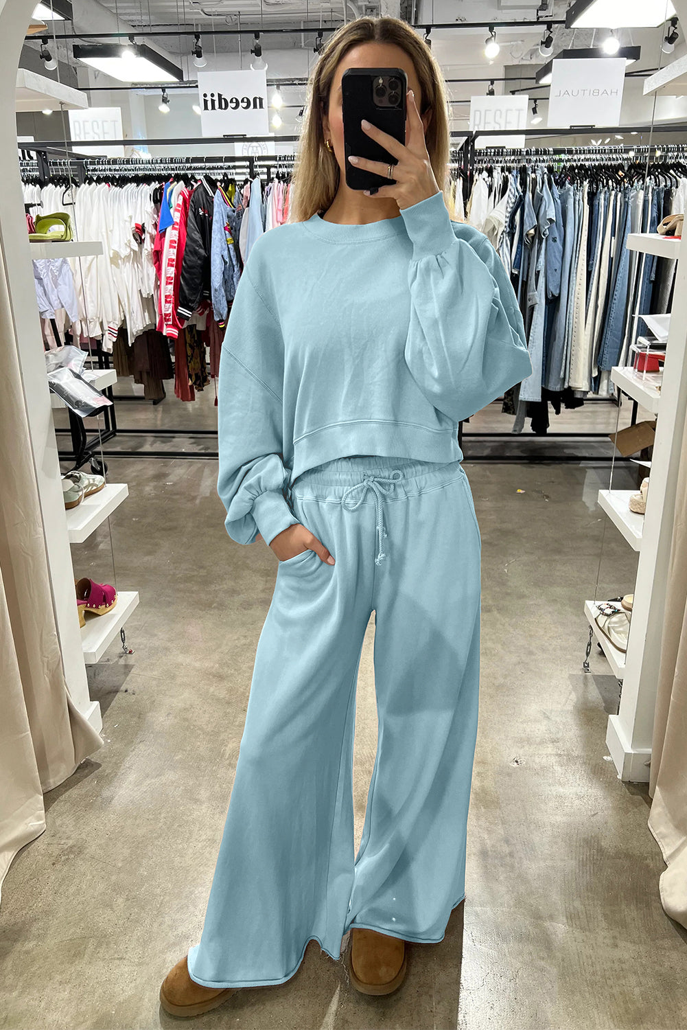 Bright Green Drop Shoulder Crop Pullover Drawstring Wide Leg Pants Set