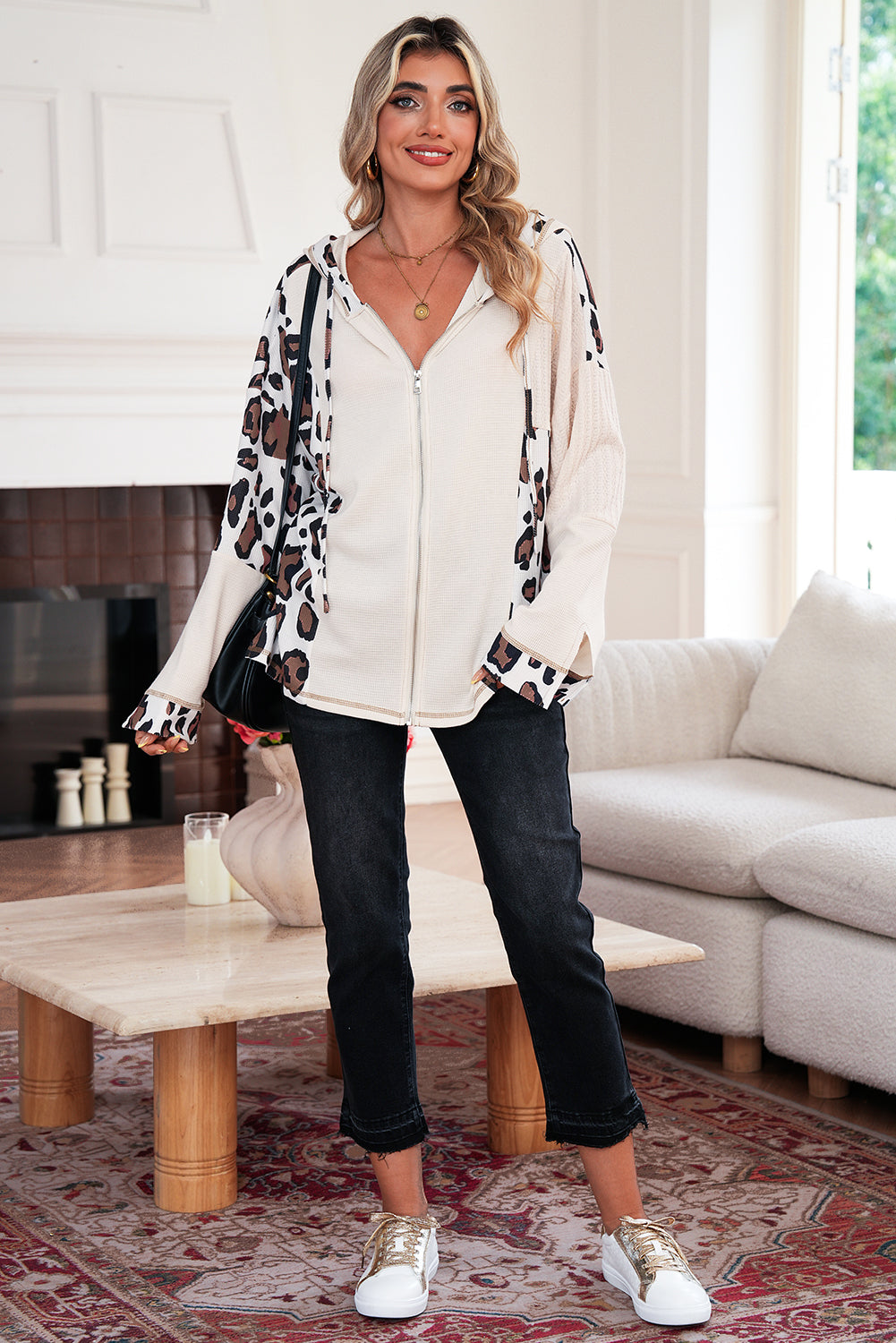 Apricot Leopard Mixed Texture Patchwork Zip Up Drop Shoulder Hoodie