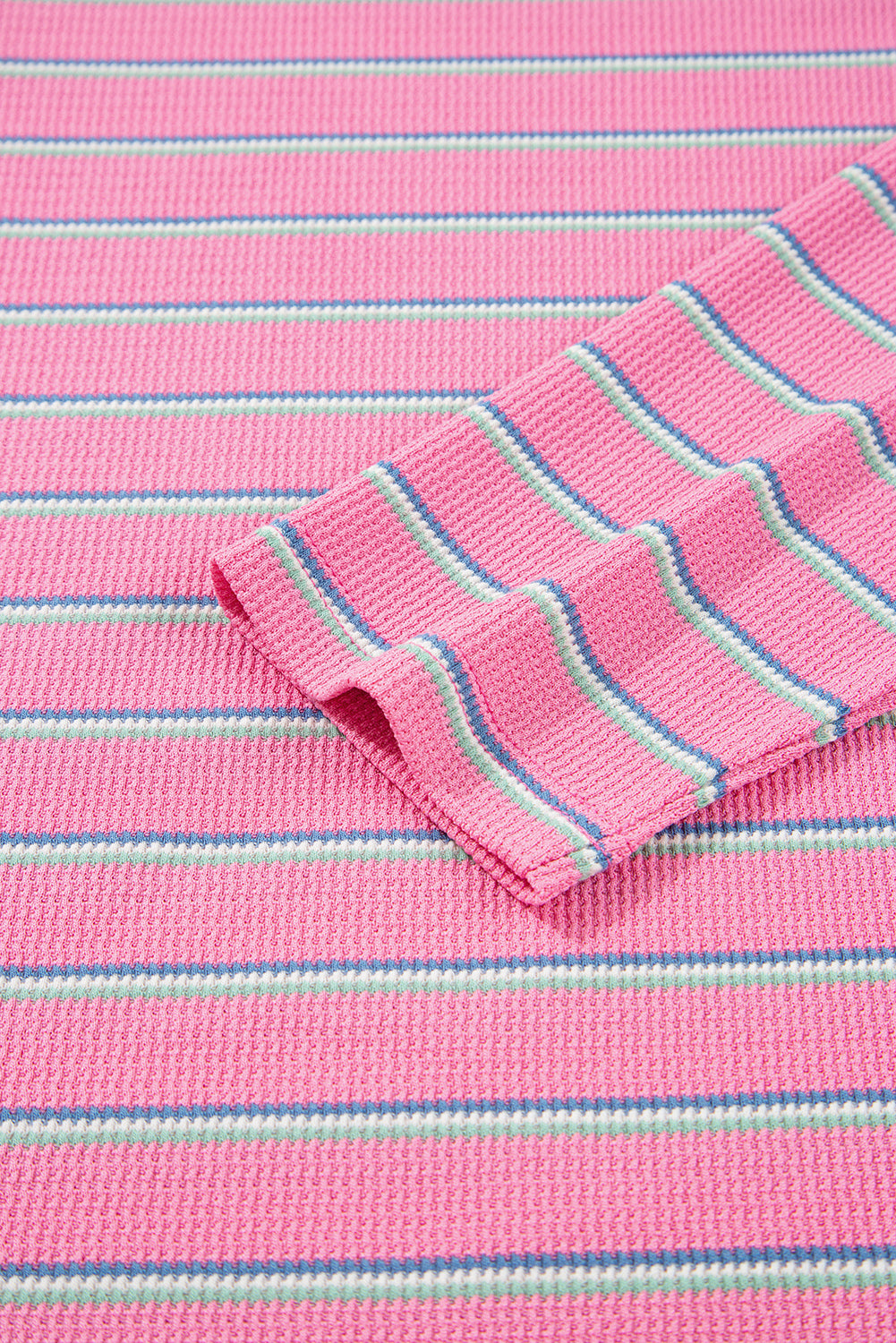 Rose Striped Textured Knit Puff Sleeve Round Neck Top