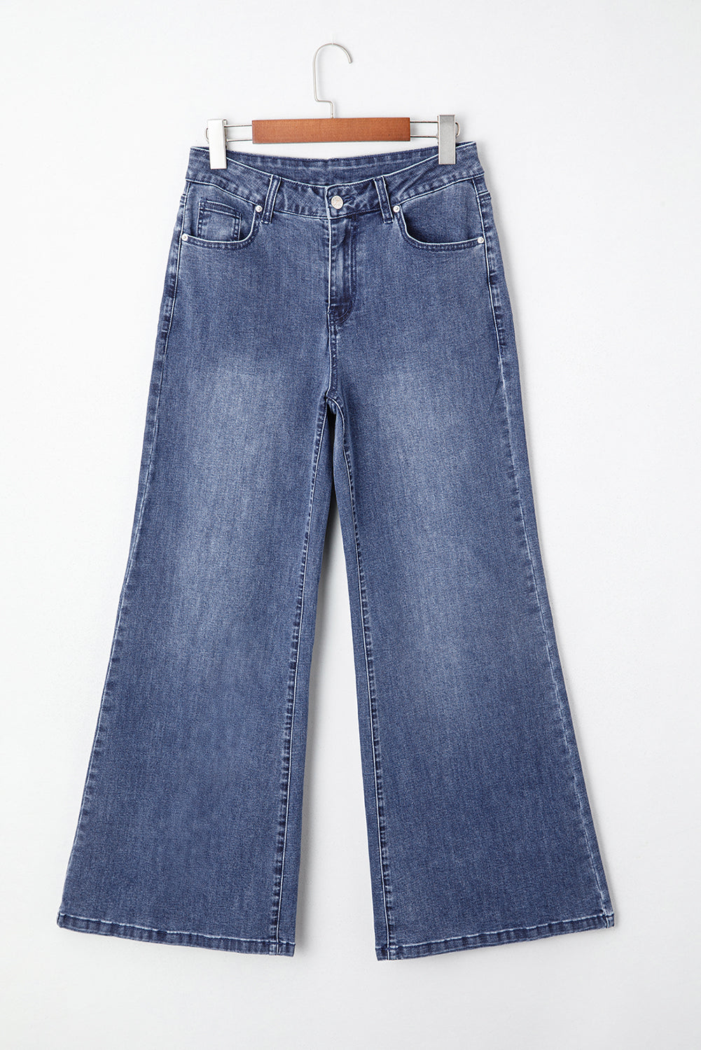 Beau Blue Button Zip High Waist Flared Hem Jeans