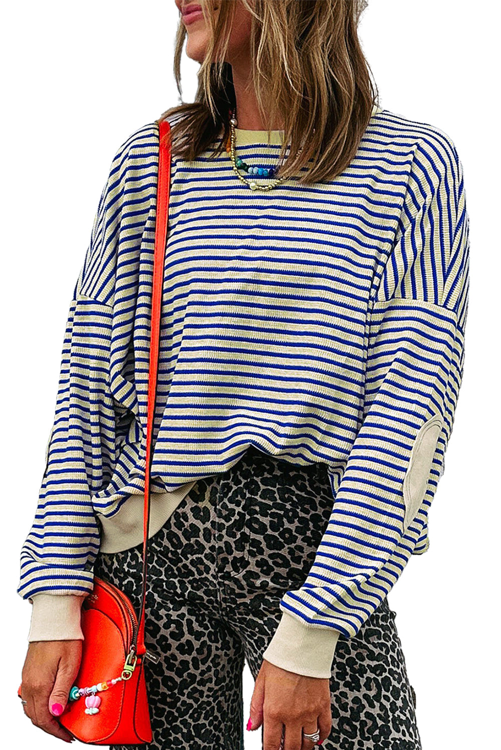 Blue Stripe Textured Elbow Patched Crew Neck Drop Shoulder Sweatshirt
