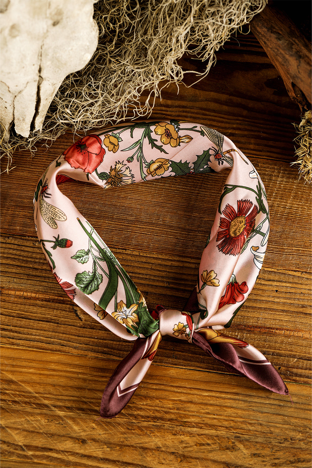 Apricot Pink Lightweight Retro Floral Print Square Scarf