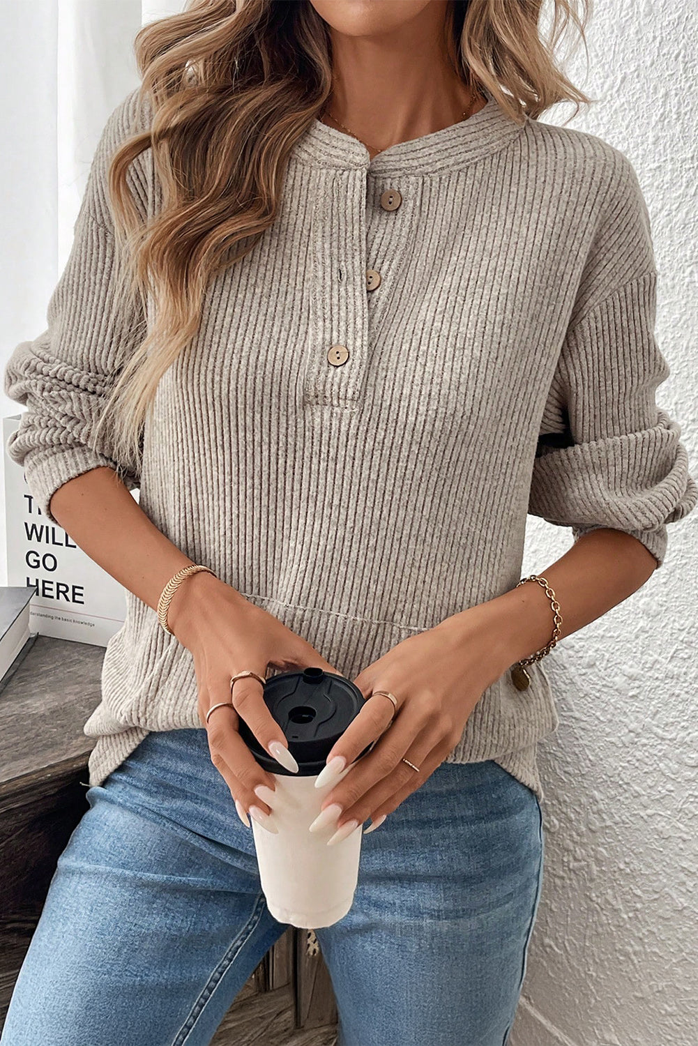 Pink Ribbed Texture Drop Shoulder Henley Knit Top