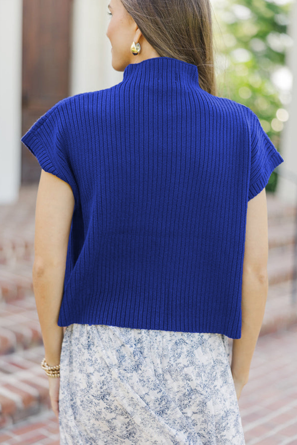 Pink Patch Pocket Ribbed Knit Short Sleeve Sweater