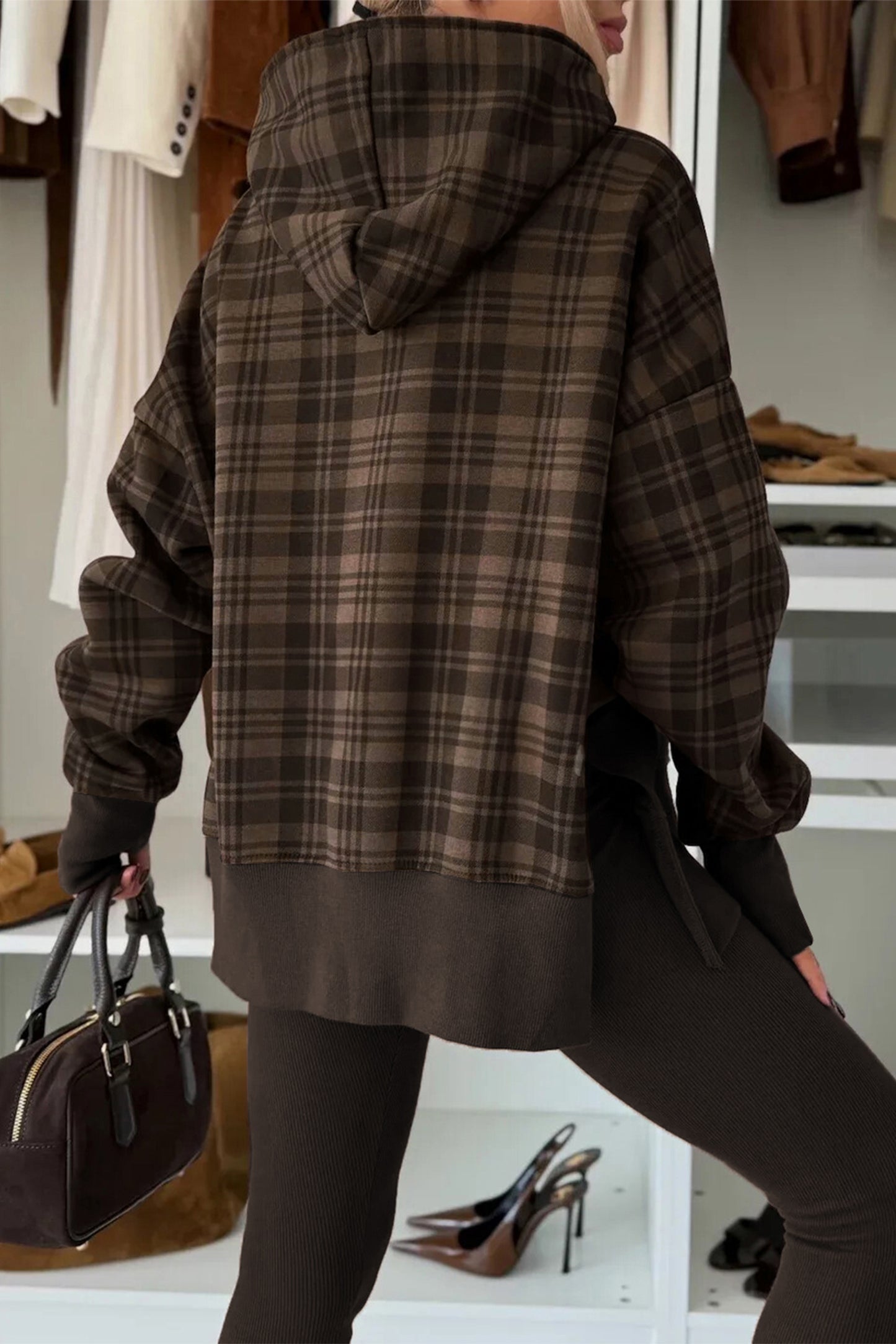 Beige Plaid Patchwork Side Slit Sweatshirt