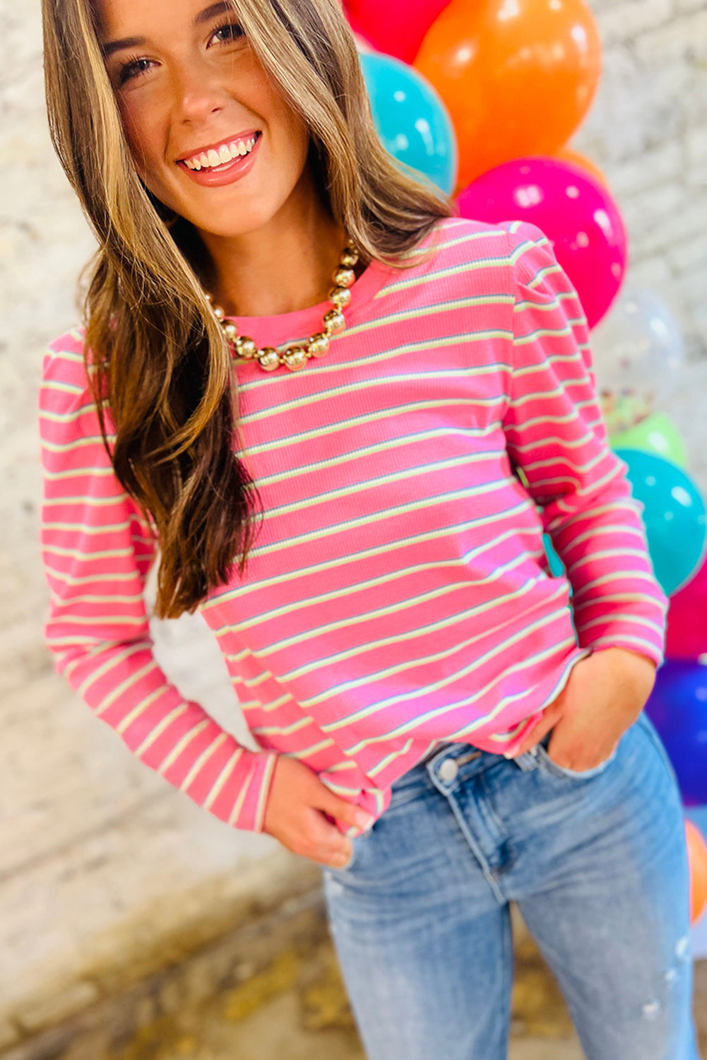 Rose Striped Textured Knit Puff Sleeve Round Neck Top