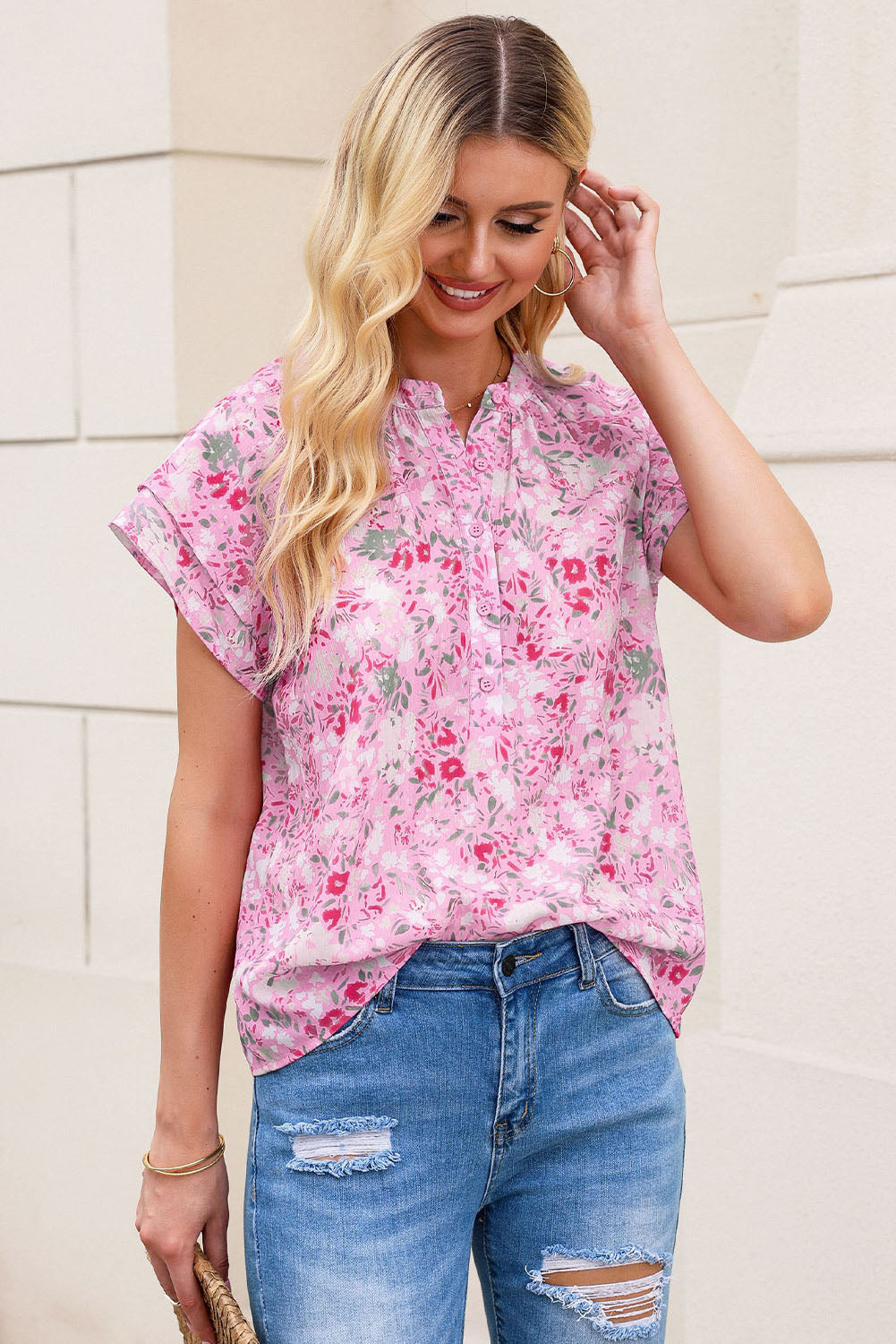 Pink Floral Button Notch Neck Ruffle Sleeve Blouse