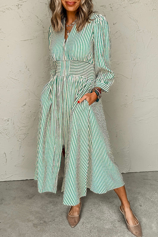 Green Striped V Neck Zip Front Cinched High Waist Midi Dress