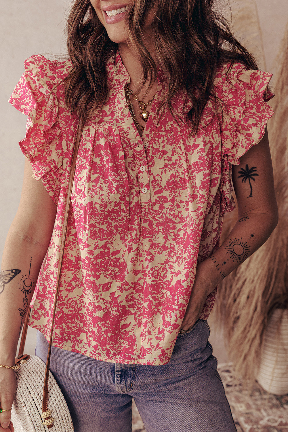 Rose Floral Print V Neck Ruffle Sleeve Blouse