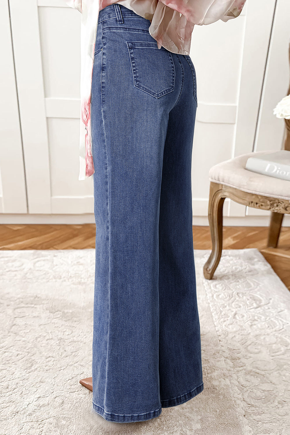 Beau Blue Button Zip High Waist Flared Hem Jeans