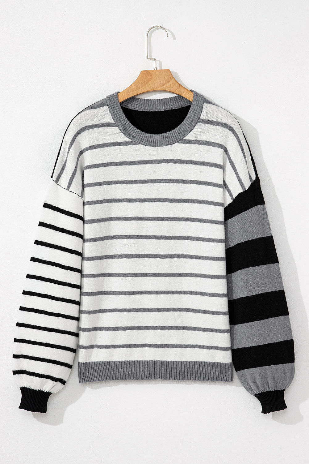Gray Striped Colorblock Pullover Sweater