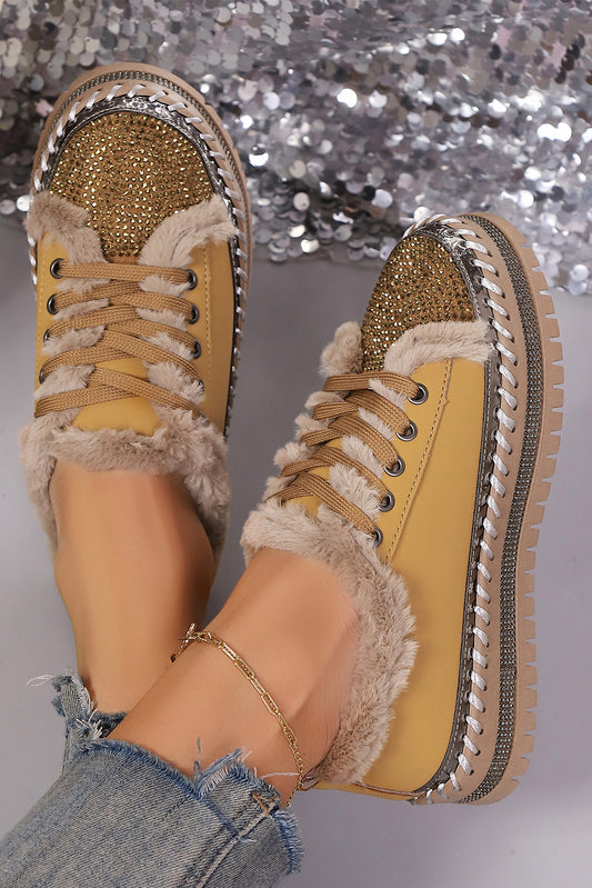 Thai Curry Fur Trimmed Patchwork Lace Up Platform Sneakers