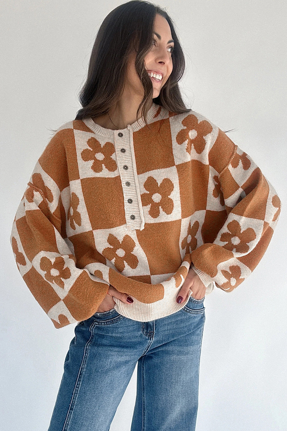 Black Flower Colorblock Checkered Henley Sweater