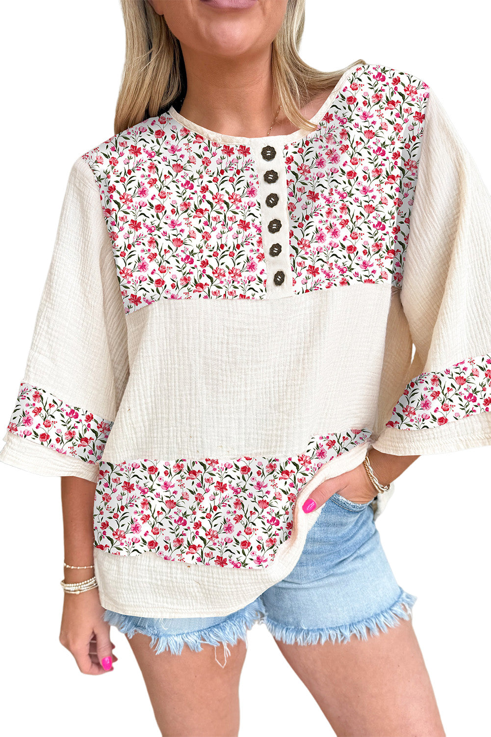 Red Floral Print Crinkle Patchwork Henley Blouse