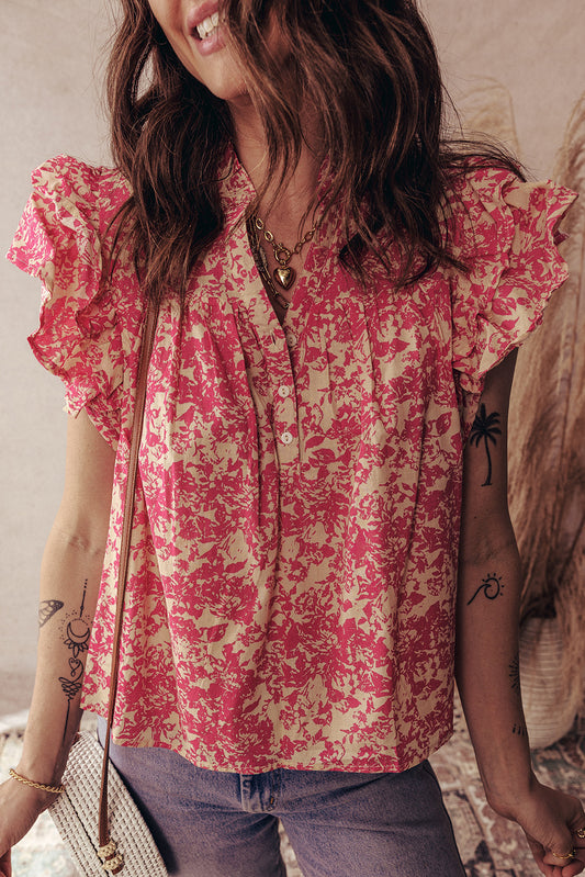 Rose Floral Print V Neck Ruffle Sleeve Blouse