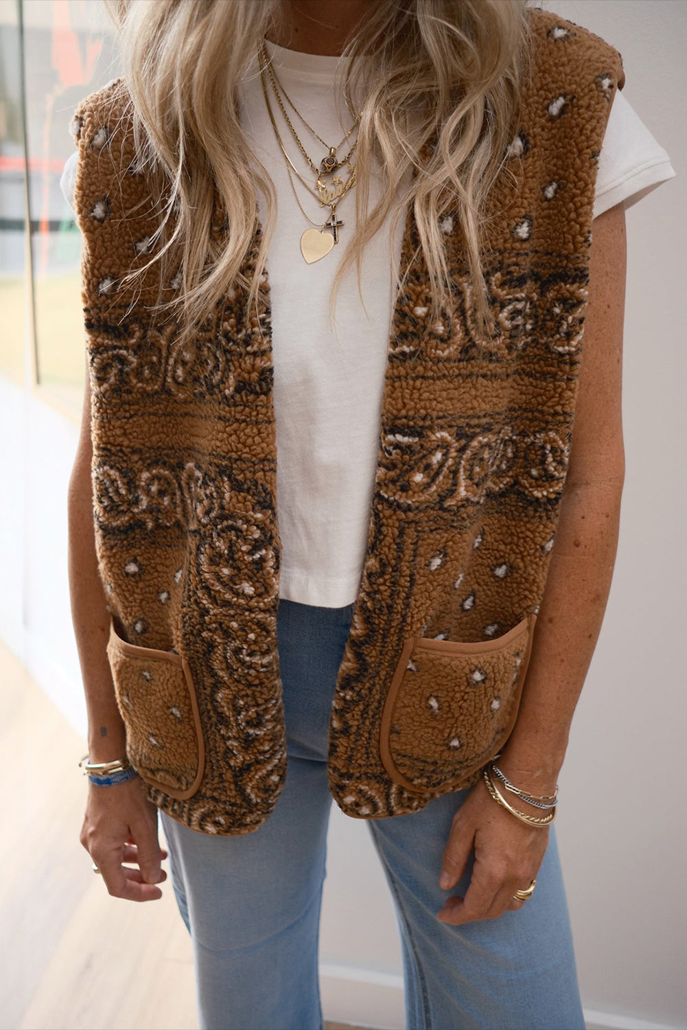Beige Sherpa Paisley Print Pocketed Fashion Vest Jacket