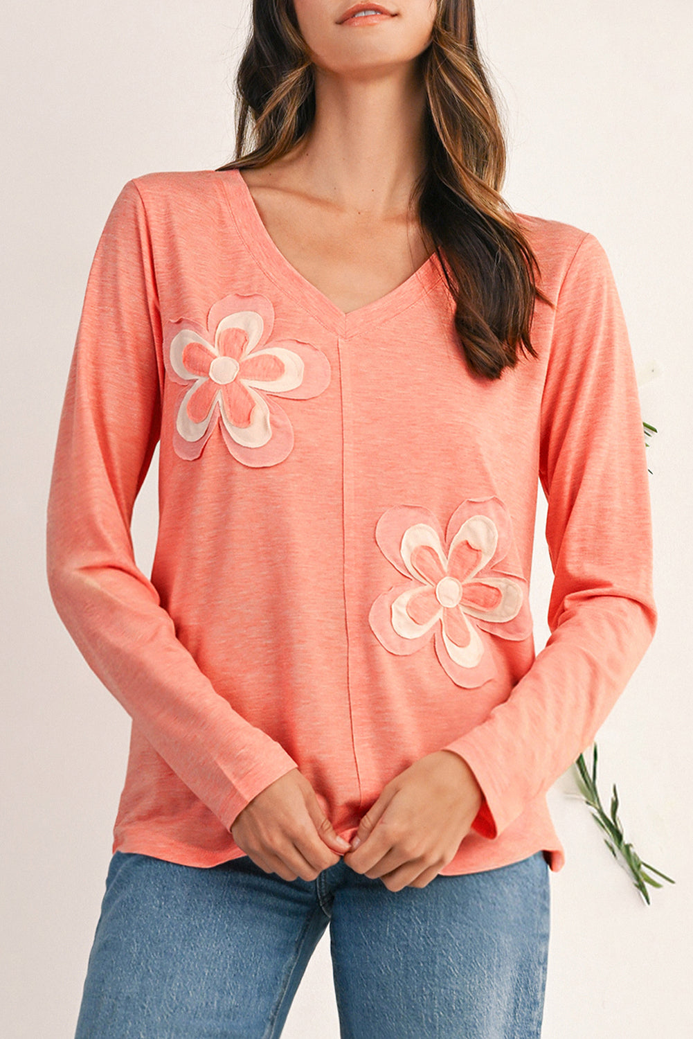 Straw Yellow Floral Patched V Neck Long Sleeve Top