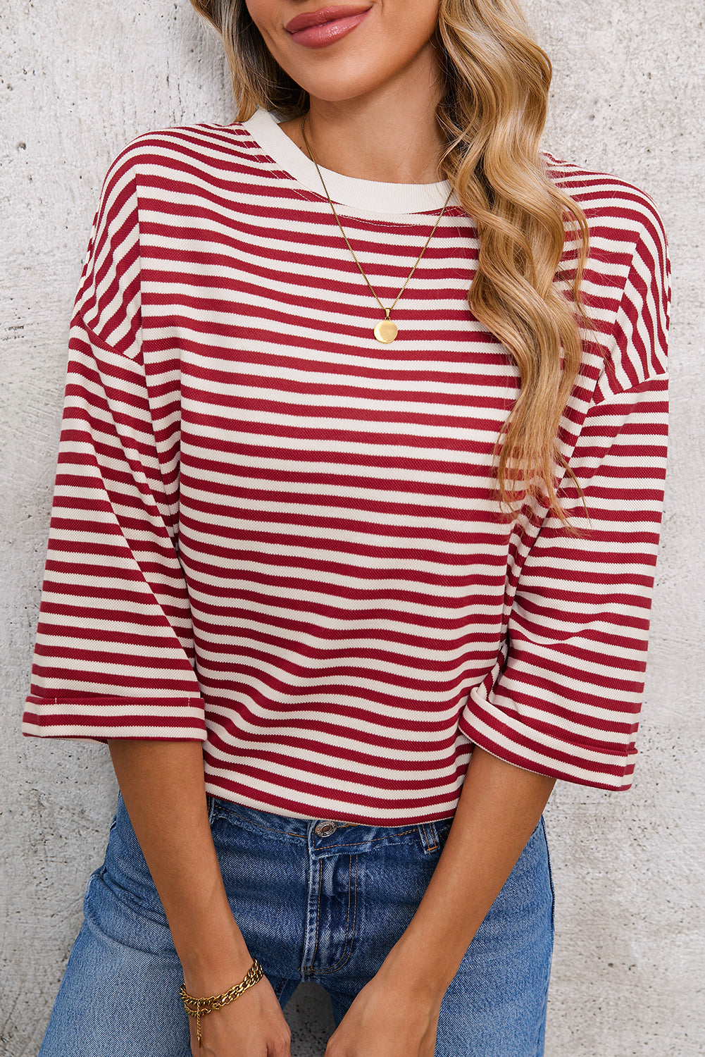 Pink Striped Bowknot Backless Drop Sleeve T-Shirt