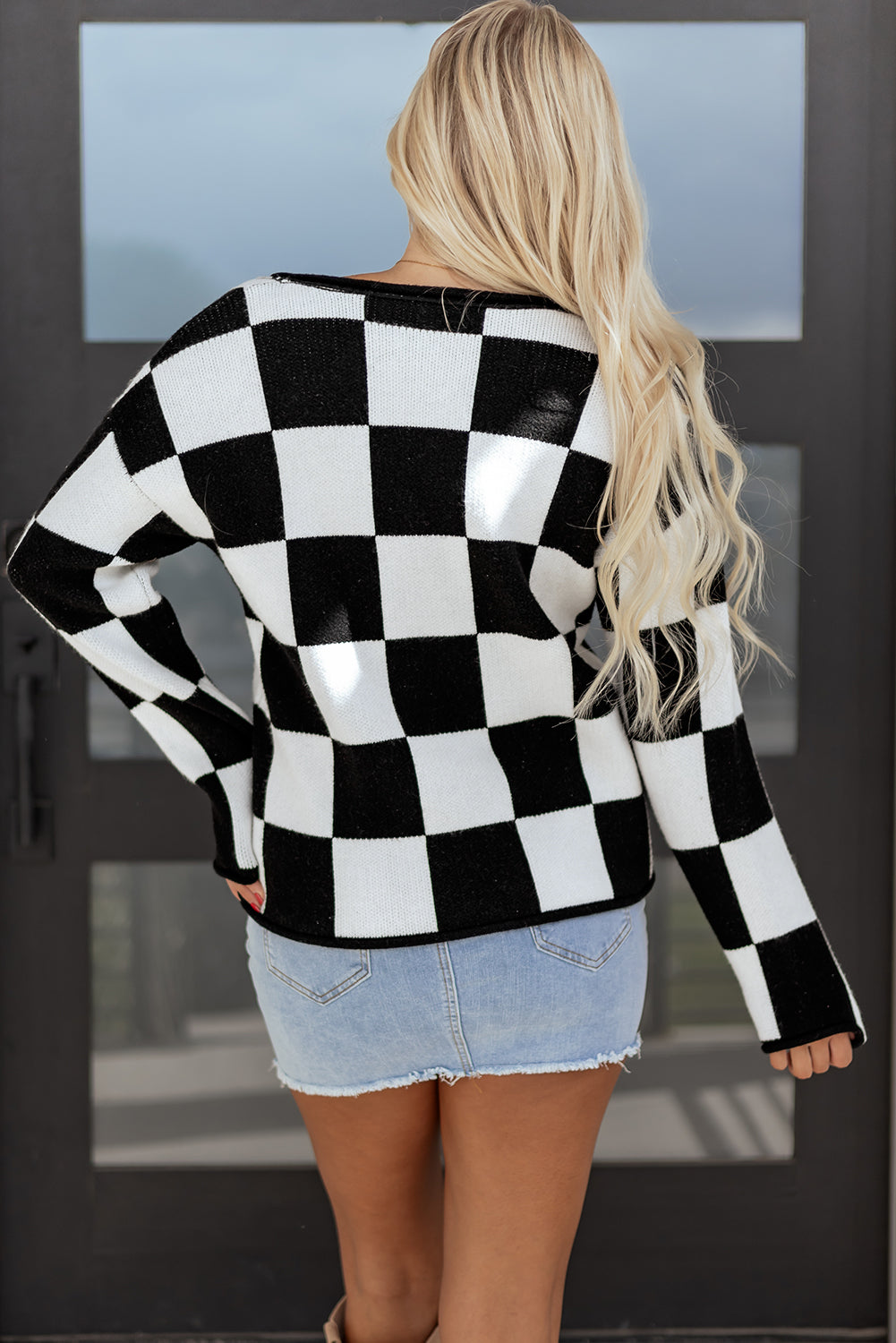 Black Checked Notched Neckline Drop Shoulder Knit Sweater