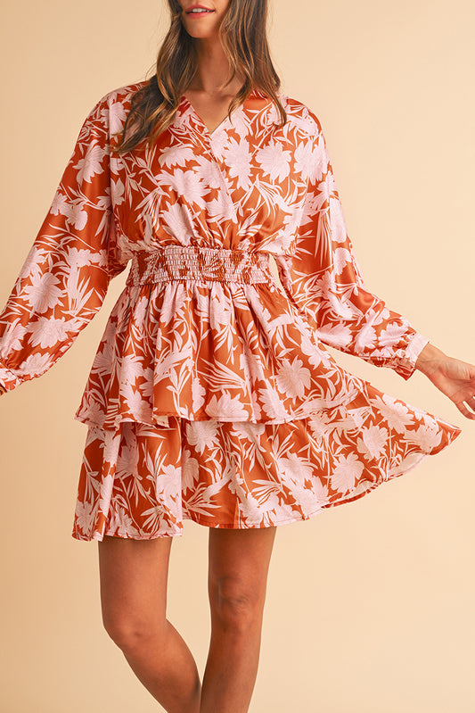 Brown Floral Puff Sleeve Shirred Waist Layered Dress