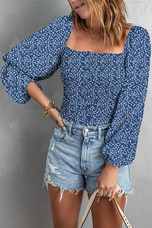 Blue Ditsy Floral Print Square Neck Smock Top