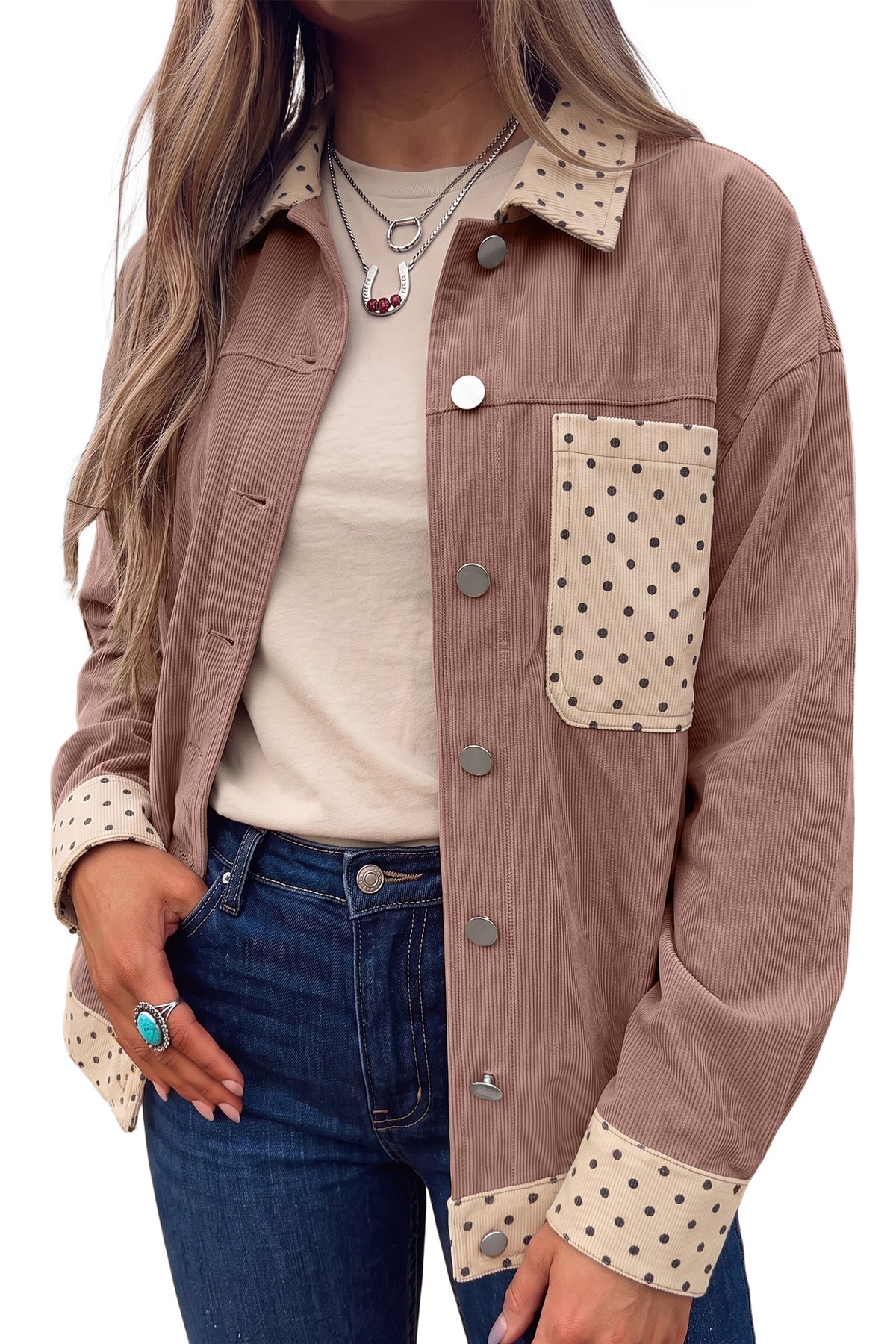 Goat Contrast Polka Dot Patchwork Corduroy Button Shacket