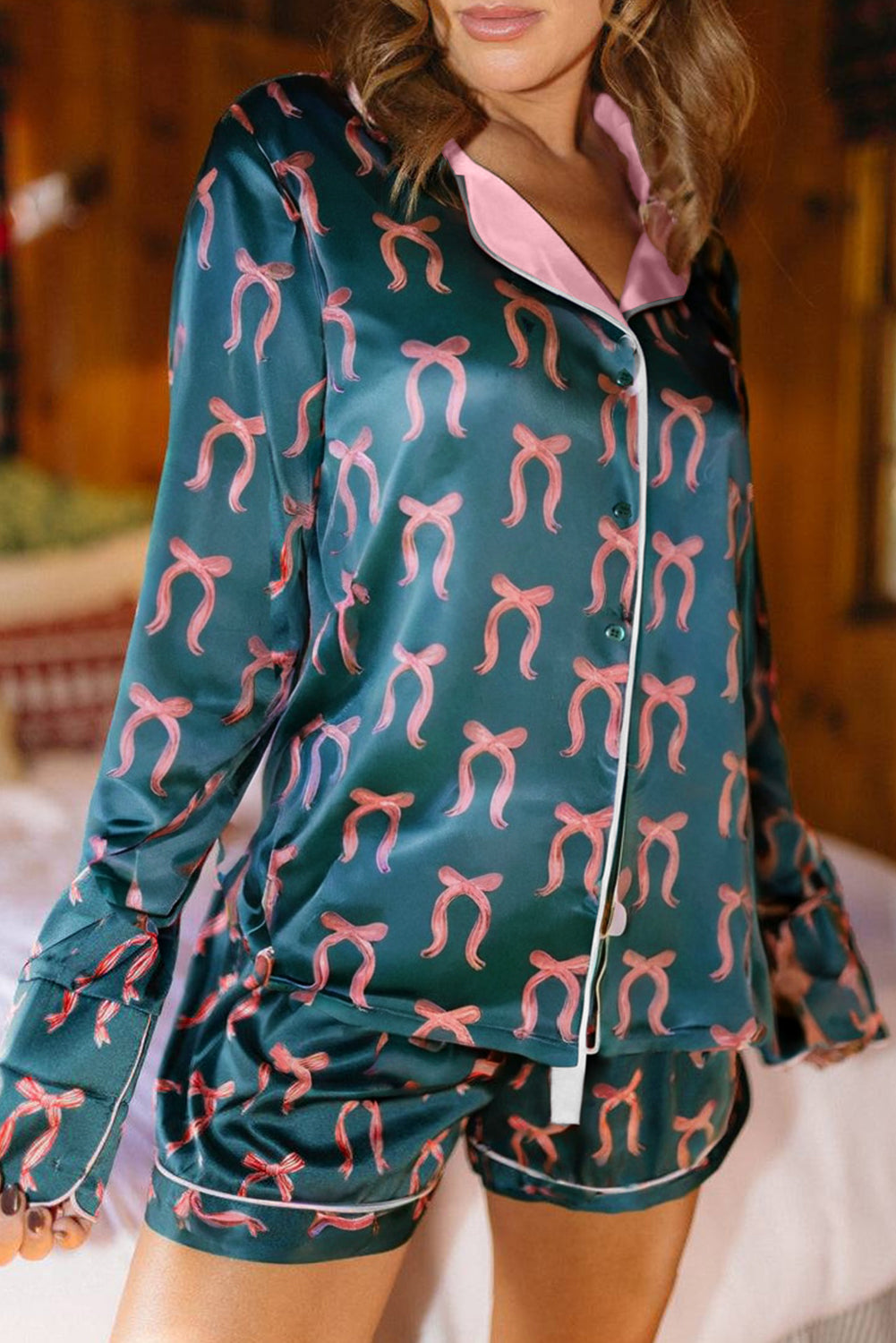 Green Ribbon Bow Print Silky Long Sleeve Shirt and Shorts 2pcs Pajama Set