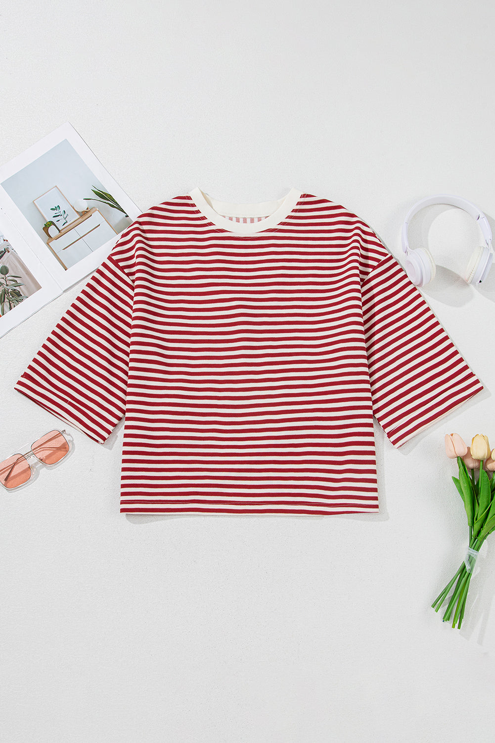 Pink Striped Bowknot Backless Drop Sleeve T-Shirt