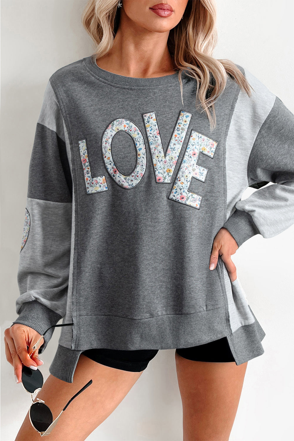 Dark Grey Floral LOVE Graphic Patchwork Uneven Hem Sweatshirt