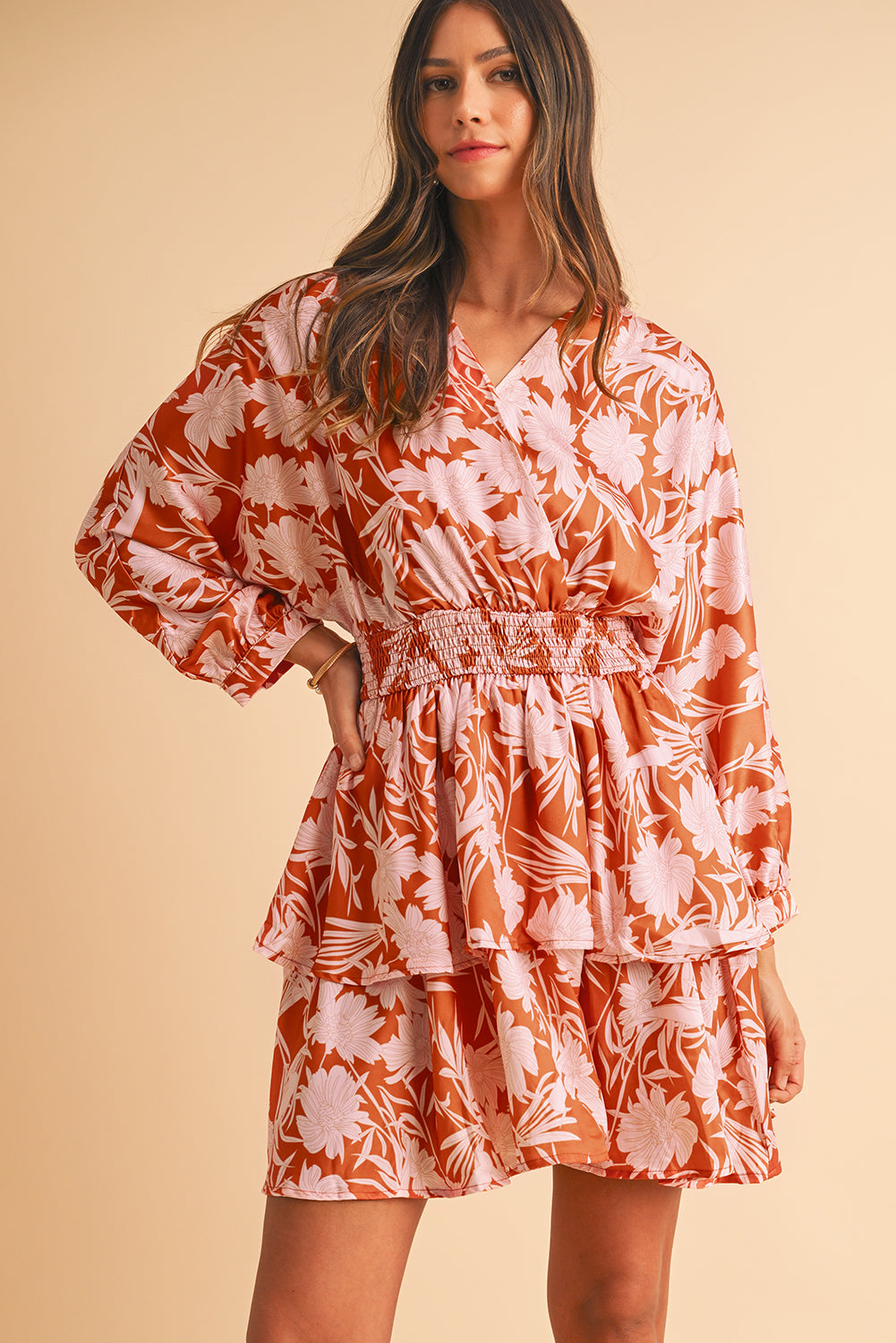 Brown Floral Puff Sleeve Shirred Waist Layered Dress