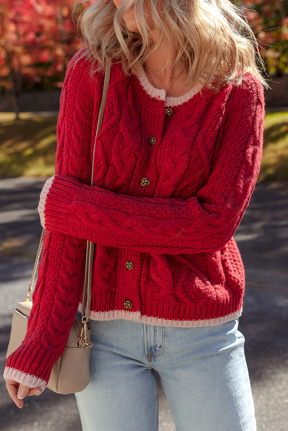Racing Red Contrast Edge Twist Cable Knit Buttoned Cardigan