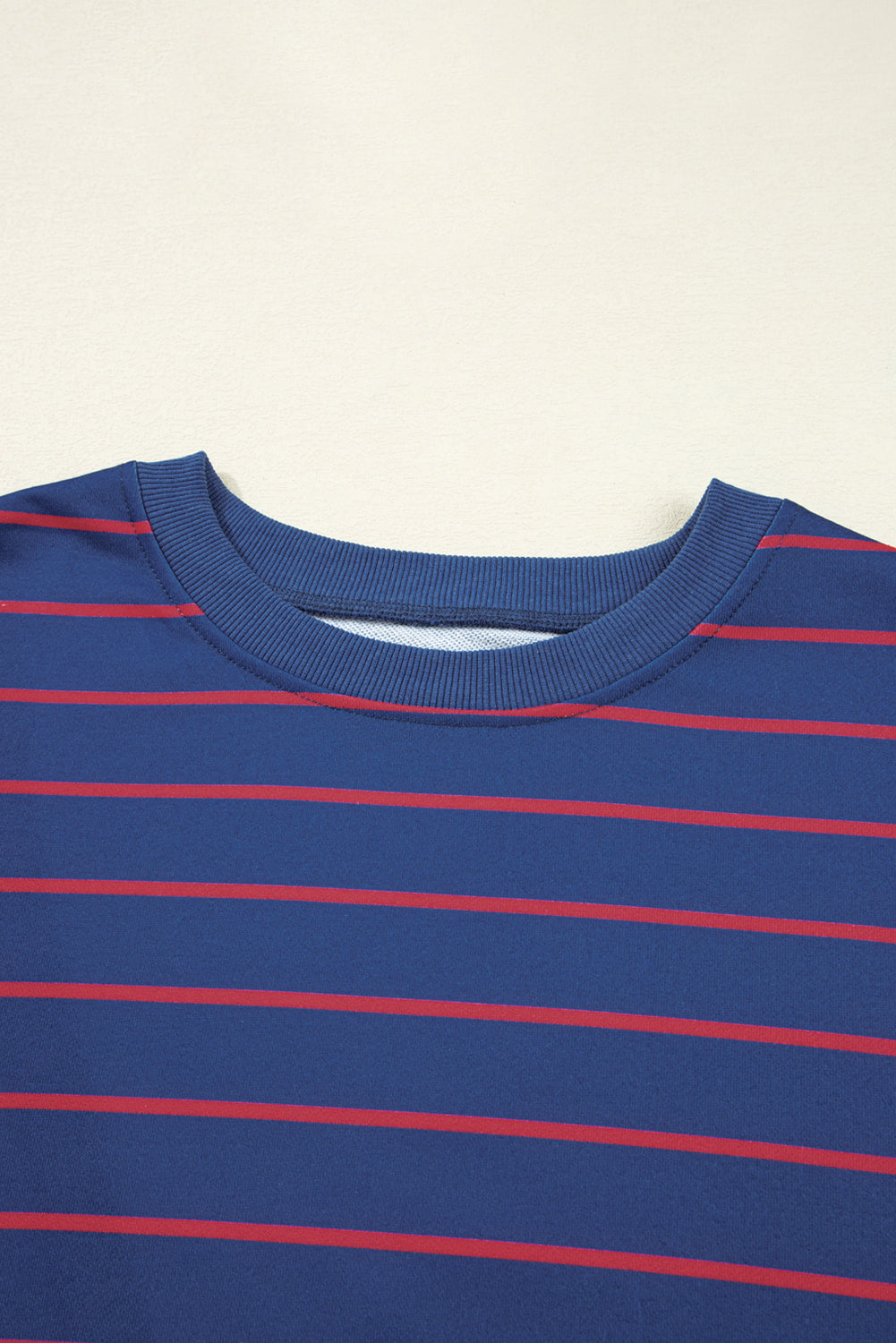 Blue Striped Overlap Detail Drop Shoulder Pullover Sweatshirt