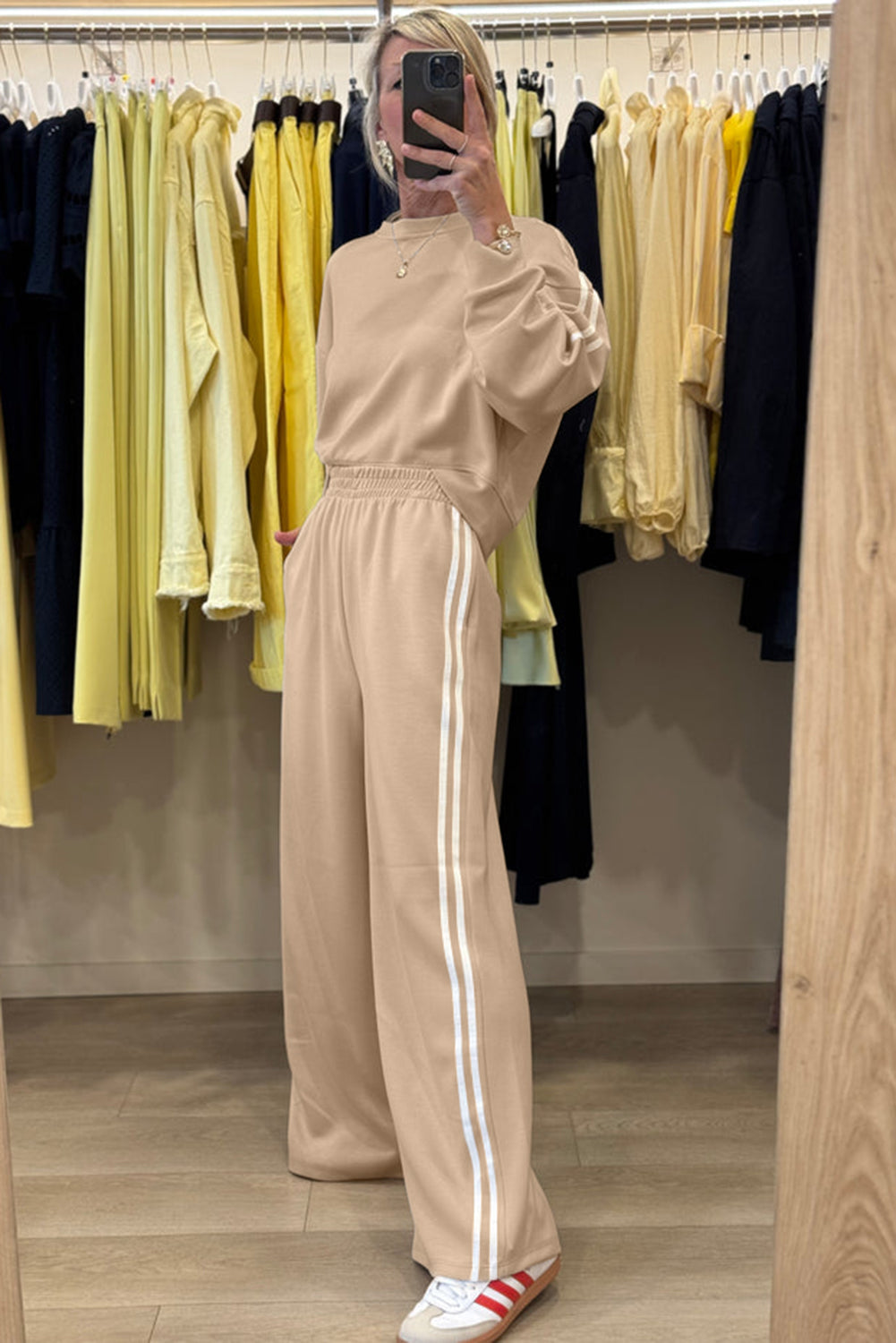 Fiery Red Varsity Striped Detail Cropped Pullover Wide Leg Pants 2pcs Outfit