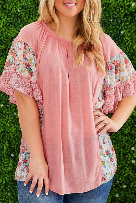 Pink Plus Size Floral Patchwork Ruffle Short Sleeve Blouse