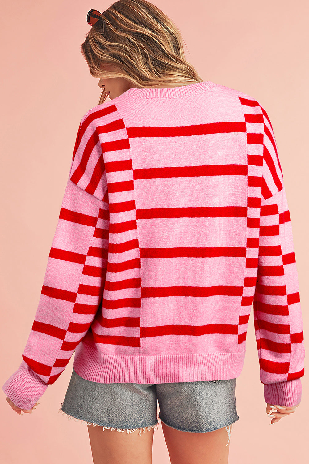 Pink Striped Crewneck Drop Sleeve Knit Sweater