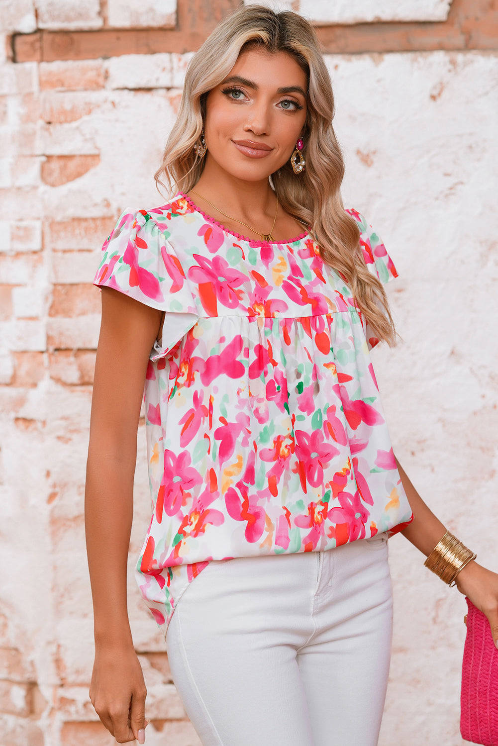 Rose Floral Print Flutter Sleeve Round Neck Blouse