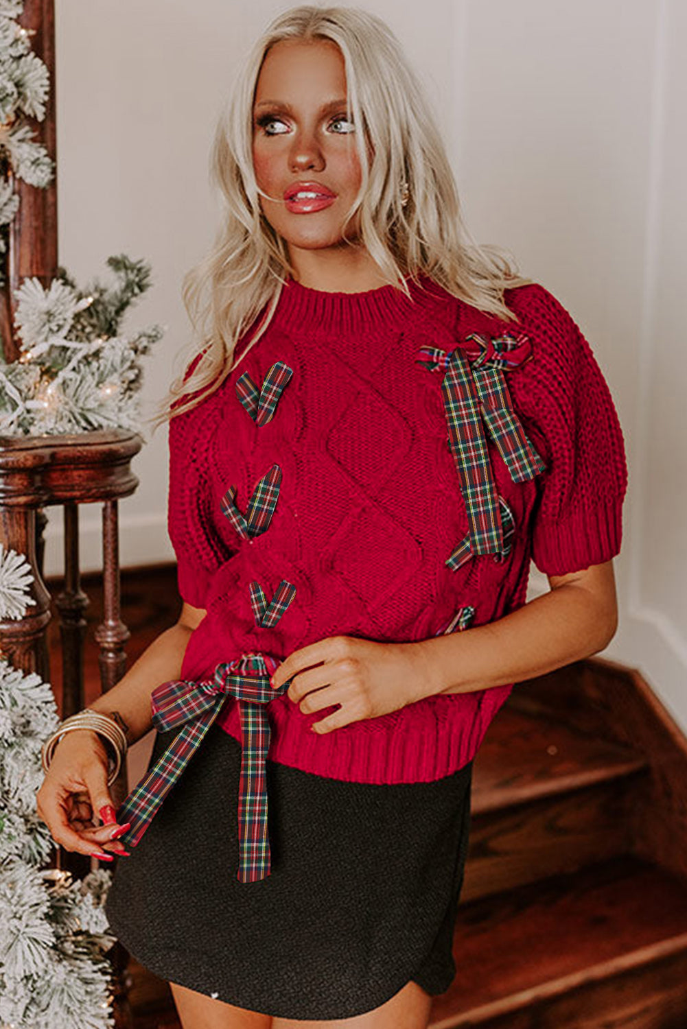 Black Plaid Lace-up Detail Christmas Holiday Puff Short Sleeve Sweater