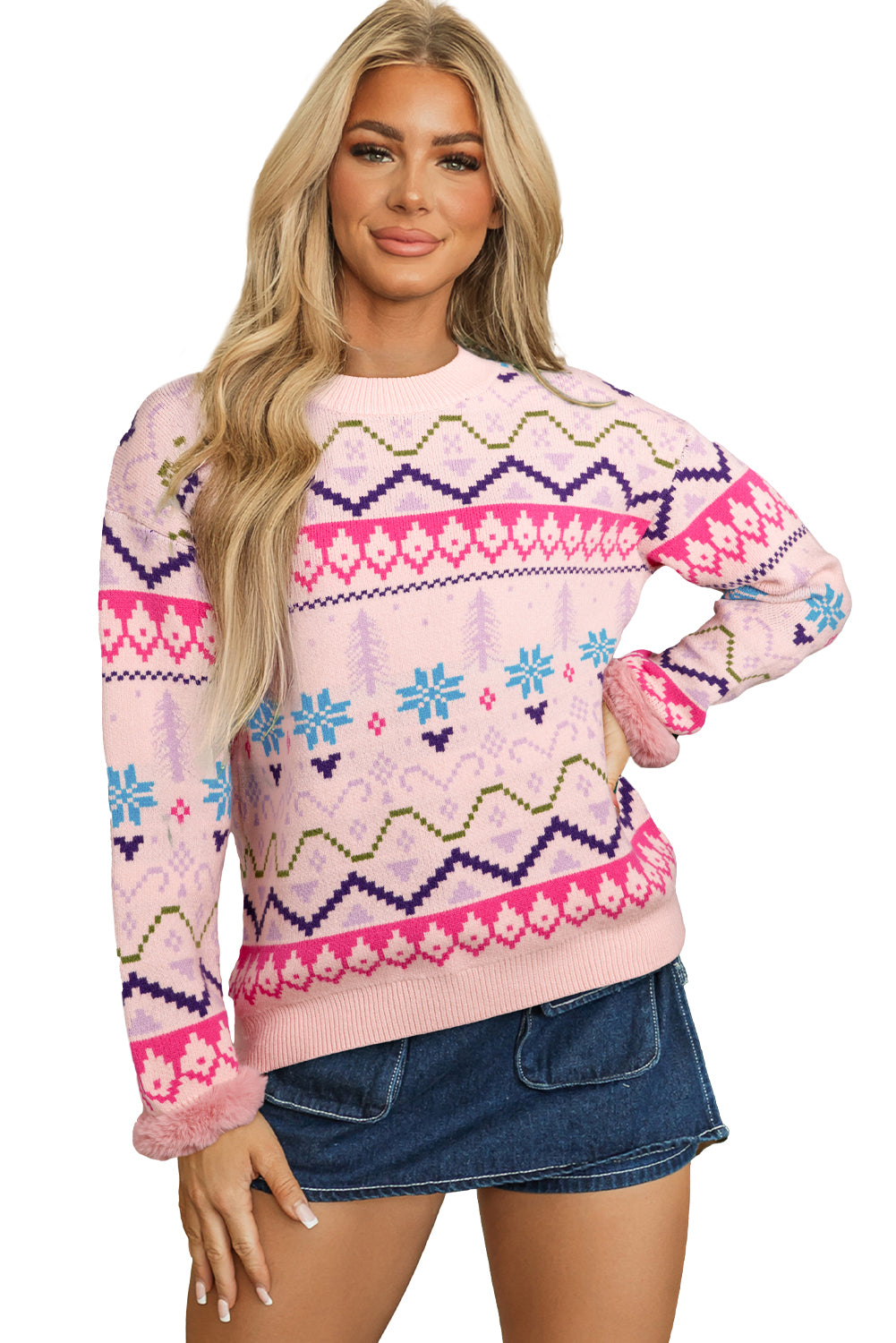 Multicolour Ethnic Christmas Pattern Knit Feather Cuffed Sweater
