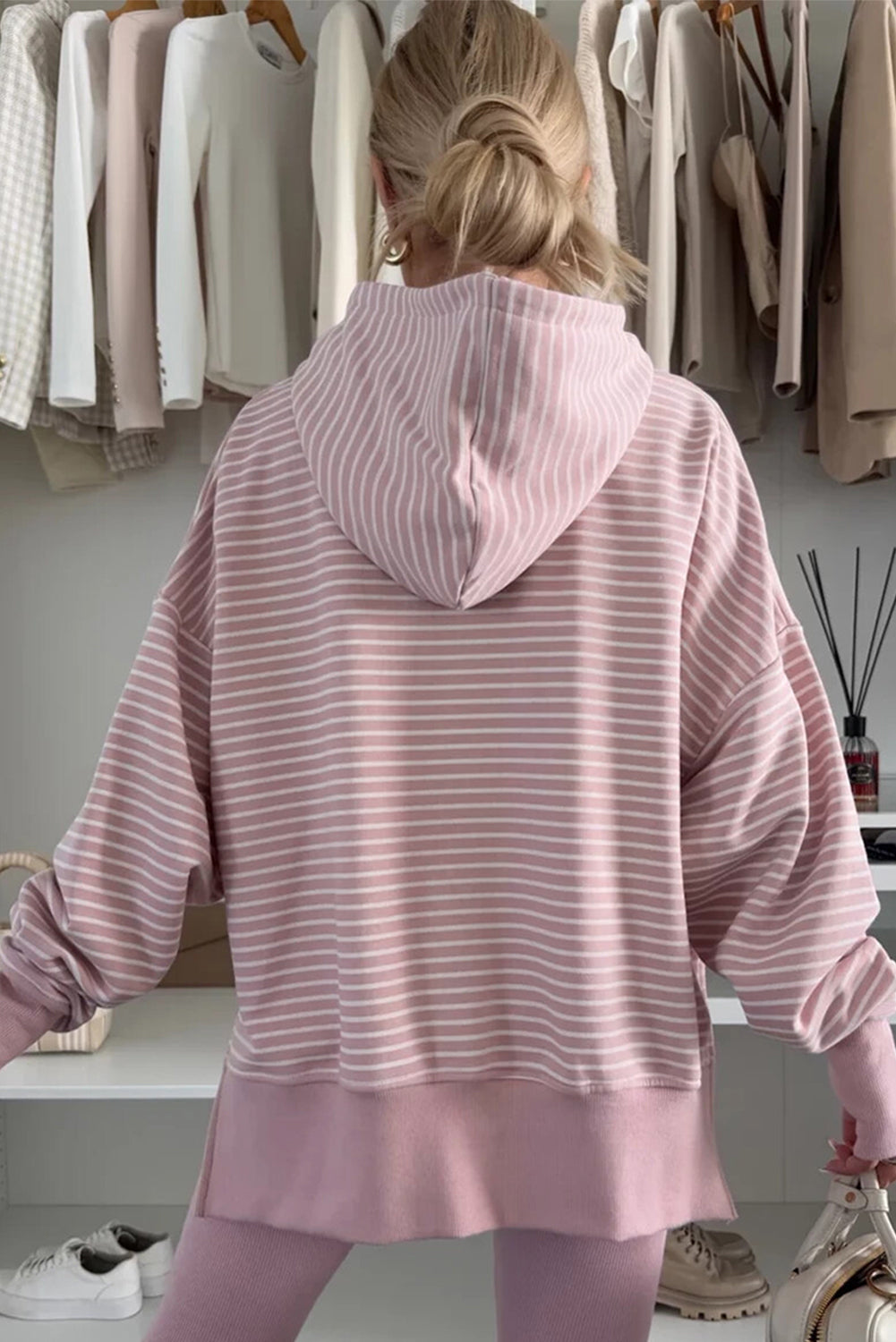 Rose Stripe Thumbhole Side Slits Drop Shoulder Loose Fit Hoodie