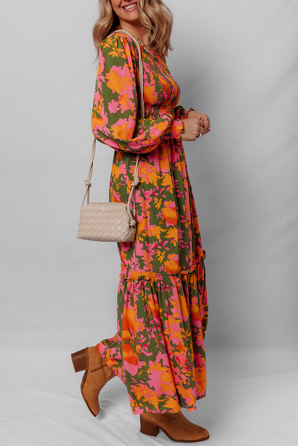 Orange Floral Puff Sleeve Smocked Bodice Frill Tiered Dress