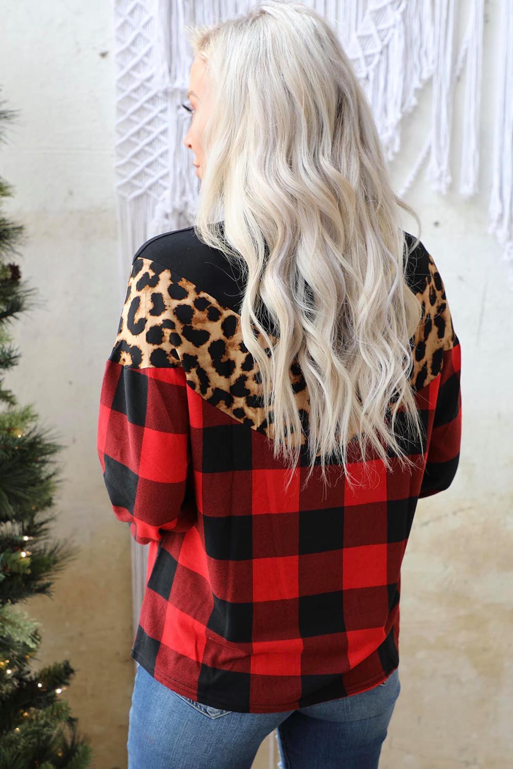 Red Casual Chevron Plaid Leopard Patchwork Sweatshirt