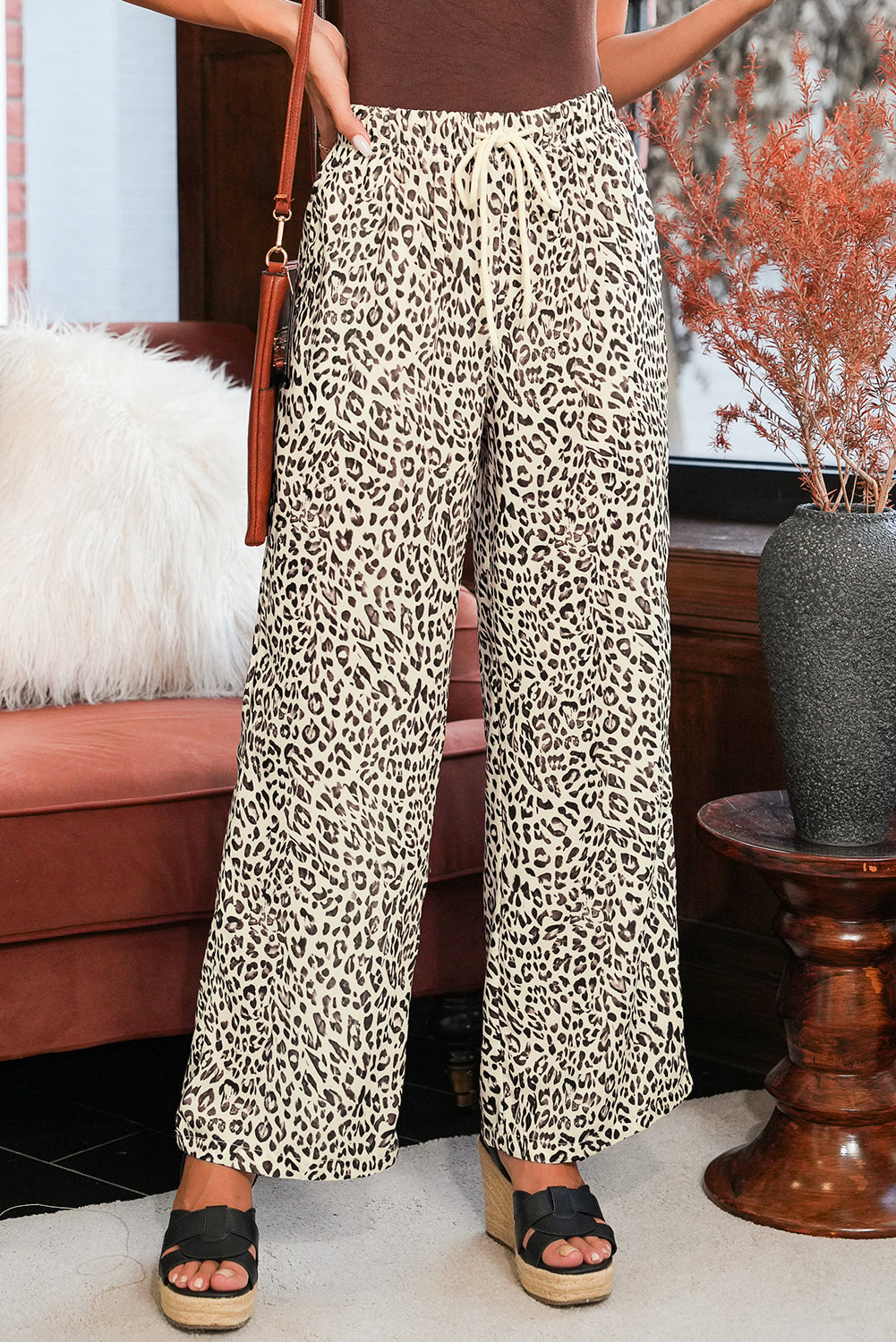 Brown Leopard Drawstring Loose Pants