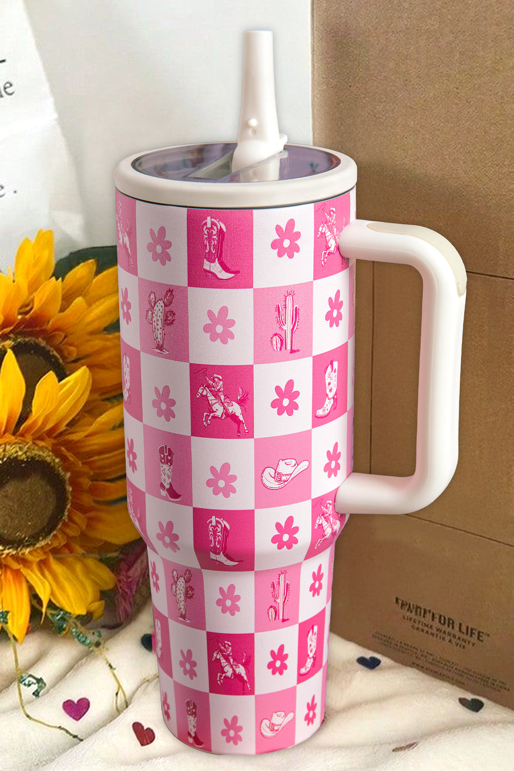Rose Red Floral Checkered Tumbler Cup